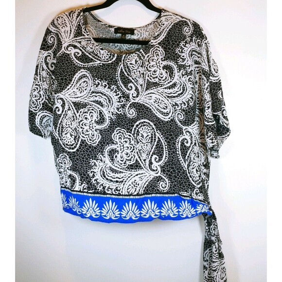 Melissa Paige Medium M Paisley Top Side Tie waist Lightweight black white blue - Picture 1 of 6